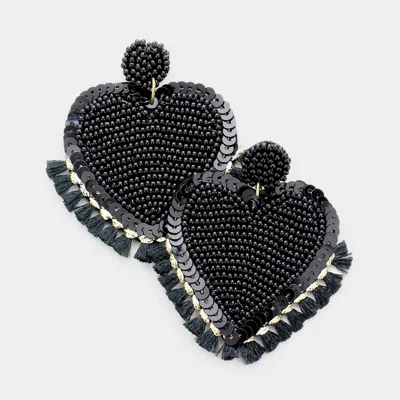 Fashnzfab Seed Bead Heart Tassel Trim Earrings - Black