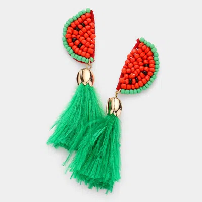 Fashnzfab Seed Bead Watermelon Feather Tassel Dangle Earrings - Green