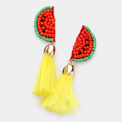 Fashnzfab Seed Bead Watermelon Feather Tassel Dangle Earrings In Multi