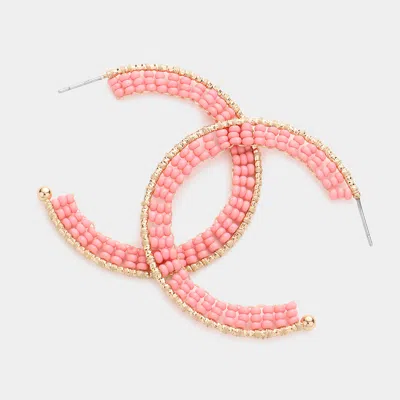 Fashnzfab Seed Bead Wrapped Hoop Earrings - Pink In Brown