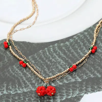 Fashnzfab Seed Beaded Cherry Charm Station Layered Necklace In Metallic