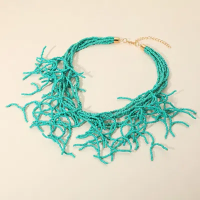 Fashnzfab Seed Beaded Coral Layered Statement Necklace - Turquoise In Blue