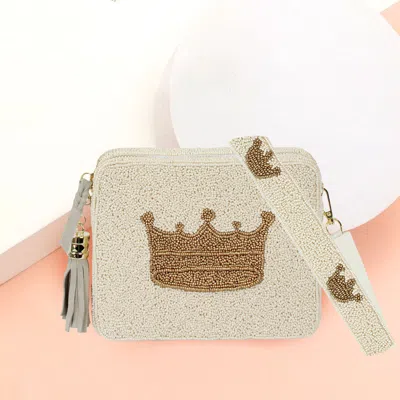 Fashnzfab Seed Beaded Crown Accented Rectangle Tassel Crossbody Bag In White