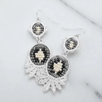 Fashnzfab Seed Beaded Double Disc With Fringe Dangle Earrings In Metallic