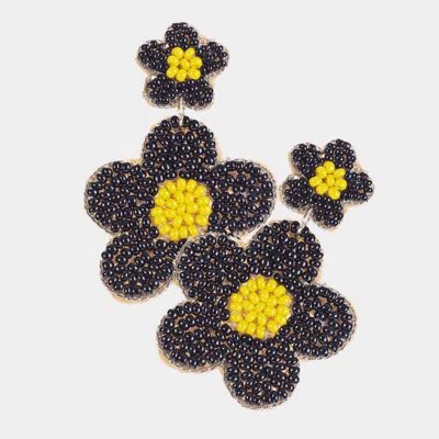Fashnzfab Seed Beaded Double Flower Link Dangle Earrings - Jet Black