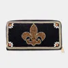 Fashnzfab Seed Beaded Fleur De Lis Zipper Wallet In Black