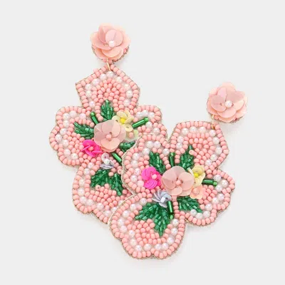 Fashnzfab Seed Beaded Flower Cross Dangle Earrings - Pink