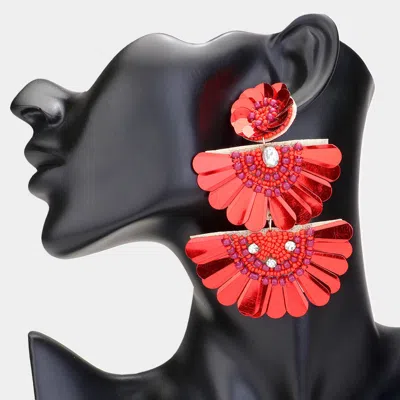 Fashnzfab Seed Beaded Flower Fan Link Earrings In Red
