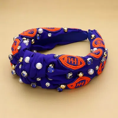 Fashnzfab Seed Beaded Football Pearl Stone Cluster Embellished Knot Headband In Blue
