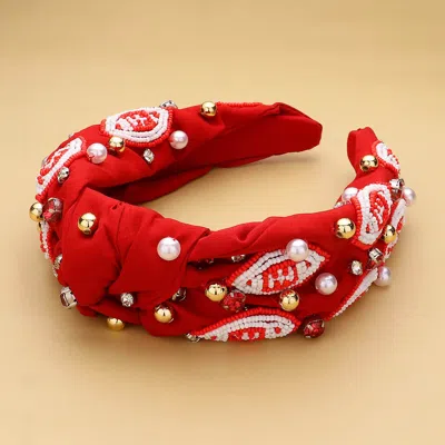 Fashnzfab Seed Beaded Football Pearl Stone Cluster Embellished Knot Headband In Red