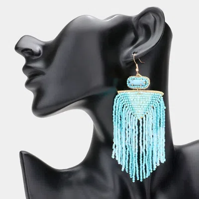Fashnzfab Seed Beaded Fringe Dangle Earrings - Gold, Turquoise In Blue