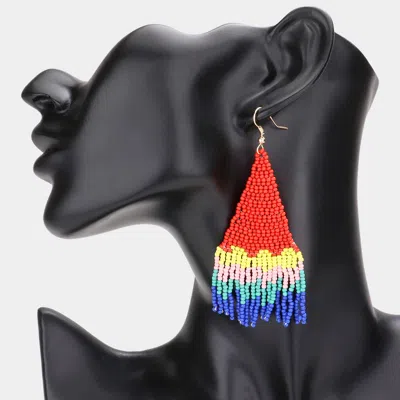 Fashnzfab Seed Beaded Fringe Dangle Earrings - Red