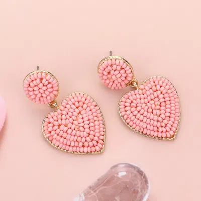 Fashnzfab Seed Beaded Heart Dangle Earrings - Gold, Pink