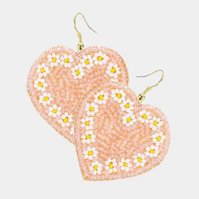 Fashnzfab Seed Beaded Heart Dangle Earrings - Pink