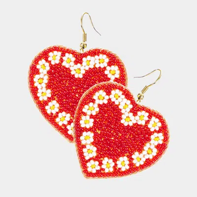 Fashnzfab Seed Beaded Heart Dangle Earrings - Red In Brown