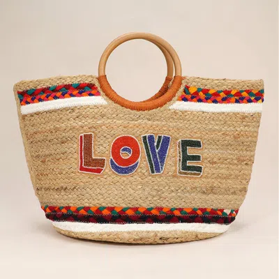 Fashnzfab Seed Beaded Love Message Pointed Wooden Handle Jute Handbag In Multi