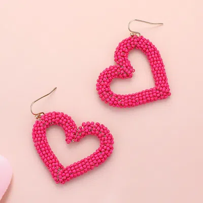 Fashnzfab Seed Beaded Open Heart Dangle Earrings - Gold, Pink