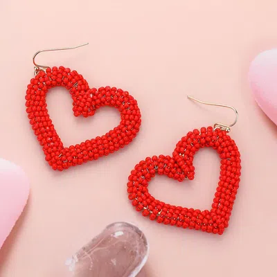 Fashnzfab Seed Beaded Open Heart Dangle Earrings - Gold, Red In Multi