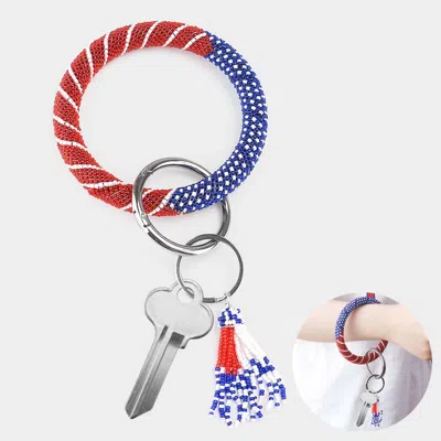 Fashnzfab Seed Beaded Patriotic Pattern Tassel Key Chain / Bracelet Multi, Rhodium