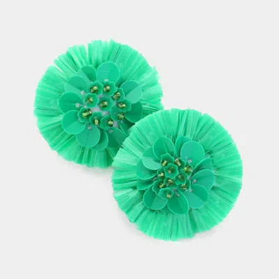 Fashnzfab Seed Beaded Sequin Pointed Raffia Flower Earrings - Green