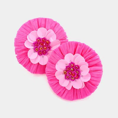 Fashnzfab Seed Beaded Sequin Pointed Raffia Flower Earrings In Pink