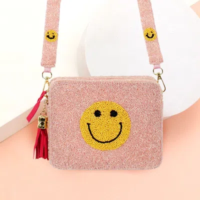 Fashnzfab Seed Beaded Smile Accented Rectangle Tassel Crossbody Bag In Pink