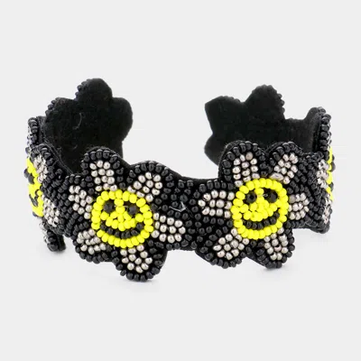 Fashnzfab Seed Beaded Smile Flower Cuff Bracelet Black