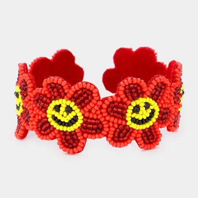 Fashnzfab Seed Beaded Smile Flower Cuff Bracelet Red