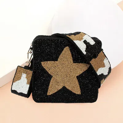 Fashnzfab Seed Beaded Star Accented Square Camouflage Crossbody Bag In Black