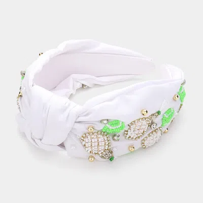 Fashnzfab Seed Beaded Tennis Racket Pearl Stone Cluster Embellished Knot Headband In White