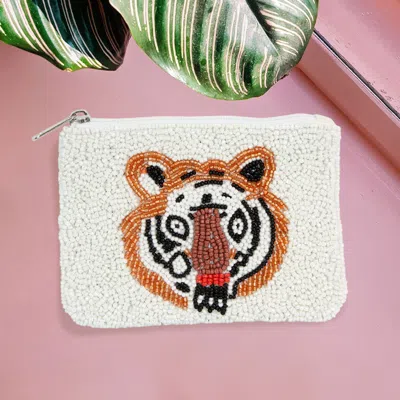 Fashnzfab Seed Beaded Tiger Accented Mini Pouch Bag In White