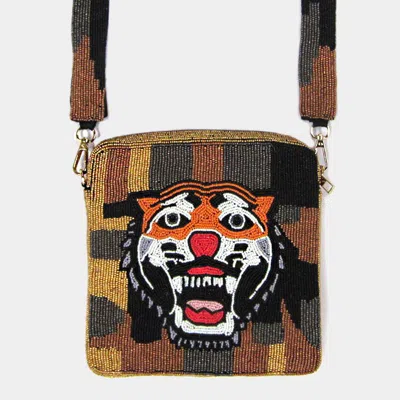 Fashnzfab Seed Beaded Tiger Print Square Crossbody Bag In Brown