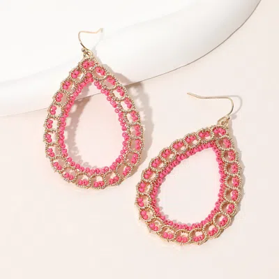 Fashnzfab Seed Beaded Wrapped Open Teardrop Dangle Earrings - Gold, Pink