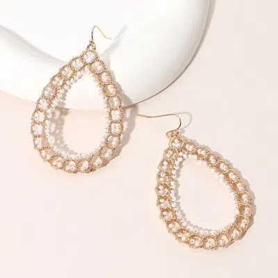 Fashnzfab Seed Beaded Wrapped Open Teardrop Dangle Earrings - Gold, White