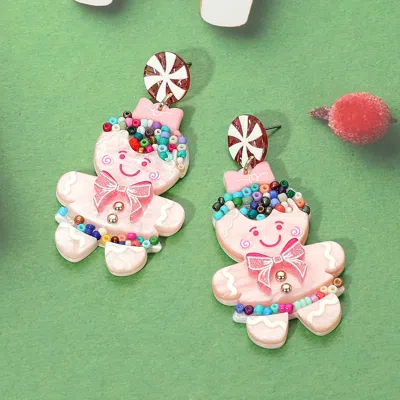 Fashnzfab Seed Beads Embellished Resin Gingerbread Man Dangle Earrings In Pink