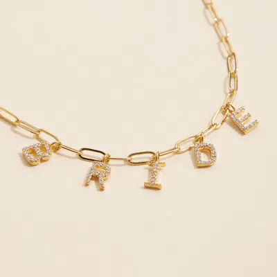 Fashnzfab Semi Fine Collection - 18k Gold Dipped Brass Metal Stone Paved Bride Monogram Charm Paperclip Chain 