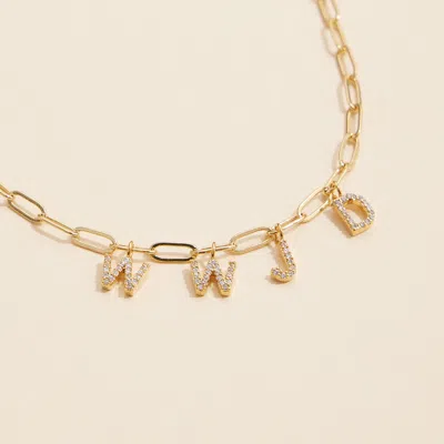 Fashnzfab Semi Fine Collection - 18k Gold Dipped Brass Metal Stone Paved Wwjd Monogram Charm Paperclip Chain N