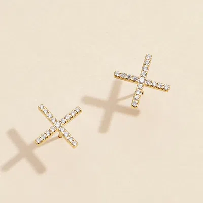 Fashnzfab Semi Fine Collection - 18k Gold Dipped Stone Paved Cross Stud Earrings