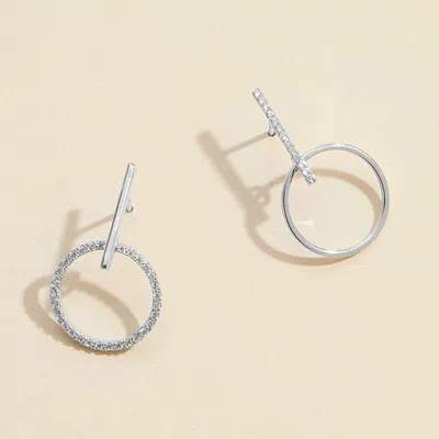 Fashnzfab Semi Fine Collection - 18k White Gold Dipped Cz Stone Paved Bar Circle Dangle Earrings In Metallic