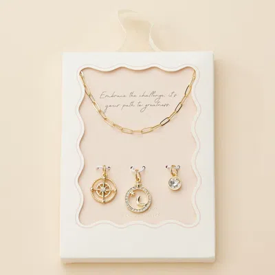 Fashnzfab Semi Fine Collection - 18k Gold Dipped Brass Metal Stone Paved Star Moon Compass Stone Charm Pendant In White