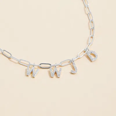 Fashnzfab Semi Fine Collection - 18k Gold Dipped Brass Metal Stone Paved Wwjd Monogram Charm Paperclip Chain N In Silver