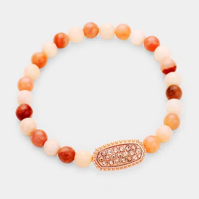 Fashnzfab Semi Precious Bead Rhinestone Stretch Bracelet Peach, Rose Gold In Multi