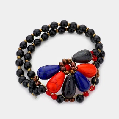Fashnzfab Semi Precious Flower Stretch Bracelet Black, Multi In Red