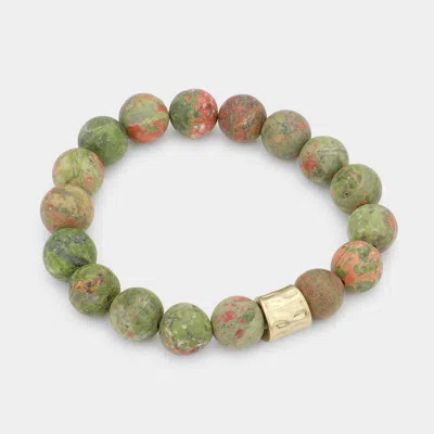 Fashnzfab Semi Precious Stone Beaded Stretch Bracelet Olive Green, Worn Gold In Multi