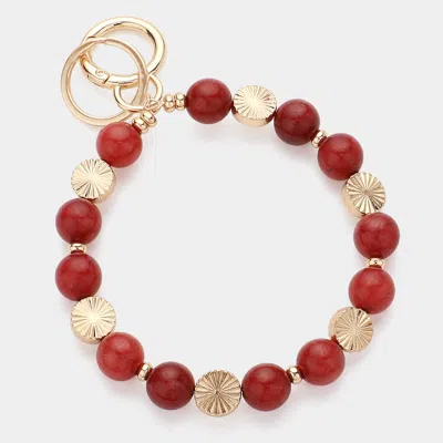 Fashnzfab Semi Precious Stone Textured Metal Round Keychain / Bracelet Burgundy In White