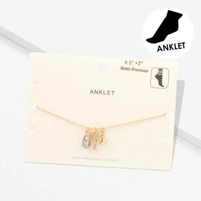 Fashnzfab Semi Precious Teardrop Palm Tree Anchor Charm Anklet - Gold, Howlite In Multi