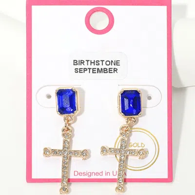 Fashnzfab September - Gold Dipped Birthstone Cross Drop Earrings In Blue