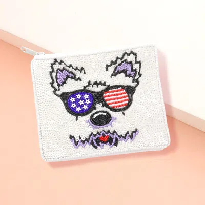 Fashnzfab Sequin Beaded American Usa Puppy Face Pointed Seed Beaded Mini Pouch Bag In White
