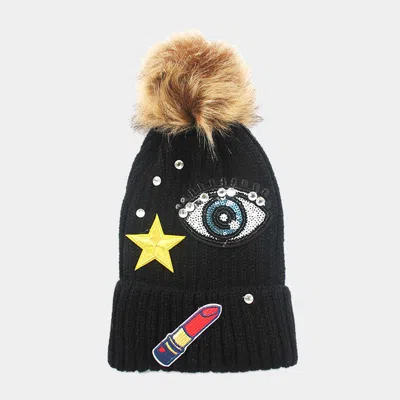 Fashnzfab Sequin Big Eye & Embroidered Lipstick _ Patch Beanie Hat With Pom Pom In Black