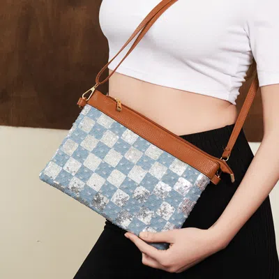 Fashnzfab Sequin Checkered Flat Crossbody Bag In Blue